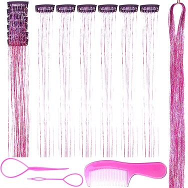 Clip in Hair Tinsel Kit 20Inch Glitter Tinsel Hair Extension 6Pcs Rainbow Fairy Hair Tinsel Kit for Christmas New Year Halloween Party Sparkly Hair Accessories for Women Girls (Pink)