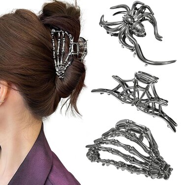 3 Pieces Large Metal Spider Net Hand Hair Claw Clips for Women and Girls Thick Long Hair, Nonslip Skeleton Spooky Barrette Headband Hair Styling Accessories for Halloween Christmas Gifts