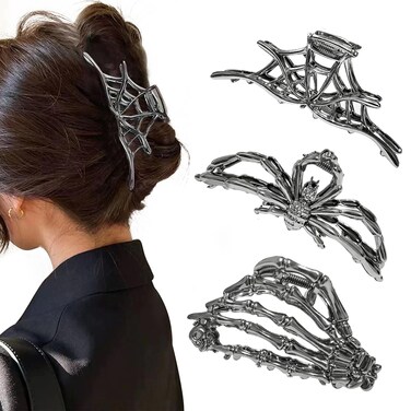 3 Pieces Large Metal Spider Net Hand Hair Claw Clips for Women and Girls Thick Long Hair, Nonslip Skeleton Spooky Barrette Headband Hair Styling Accessories for Halloween Christmas Gifts