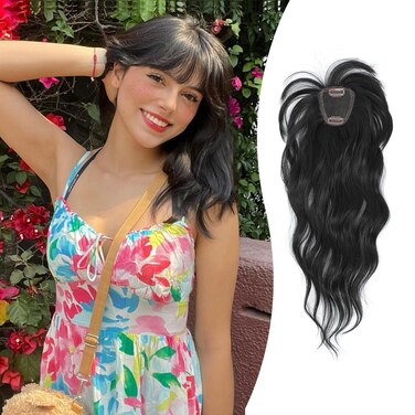 PANEWAY Hair Topper with Bangs Hair Clip 360&deg; 3D Cover Clip in Bangs Natural Black Wavy Fake Bangs Hair Toppers for Women with Thinning Hair Synthetic Hair Pieces For Women