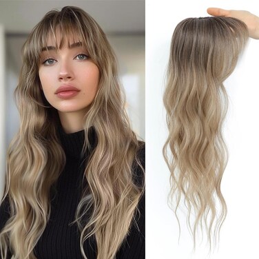 PANEWAY Clip in Bangs with Hair Topper 360&deg; Cover Wavy Bangs Hair Clip on bangs for women Synthetic Hair Pieces Fluffy Fake Bangs for Daily Wear (Ombre Light Brown to Blonde)