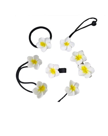 Plumeria Hair Ties Frangipani Flower Hair Clips Pin Plumeria Hair Ring Rope Tie BWF01 (6 PCs-Set A)