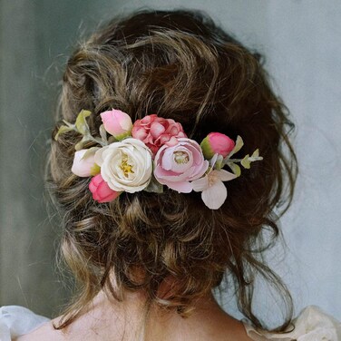 Fangsen Fangsen Silver Wedding Pink white Rose Buds Flower Hair Comb Bridal Headpiece Flower Hair Comb for Brides and Bridesmaids