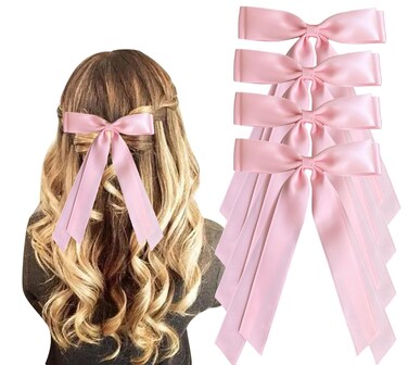 4pcs Silky Satin Ribbon Bow Hair Clips for Women Bowknot Hair Ponytail Holder Accessories for Women Girls Toddlers Teens Kids Party Wedding Prom Daily Outfits (Light pink 4pcs)