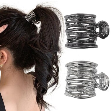 Metal Hair Clips, 2 Pcs High Ponytail Clips for Women, Non-Slip Small Claw Clips for Thick Hair, Hair Accessories for Long Hair, Black &amp; Silver