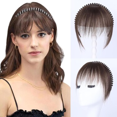 Human Hair Clip in Bangs Wispy Bangs Fringe with Rhinestone Band Age reducing styling Hairpieces for Women Clip on Air Bangs Flat Neat Bangs Hair Extension for Daily Use (Brown)