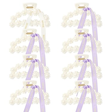 DEEKA Bridesmaid Proposal Gifts 8 Pack Pearl Bridesmaid Hair Claw Clips with Ribbon 3 Inch Hair Clips Bachelorette Party Favors Bridal Party Present Hair Accessories (Half Circle White&amp;Purple)