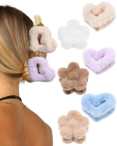 Fluffy Plush Claw Clip for Hair 6 Pcs Cute Hair Clips for Women Fuzzy Hair Barrettes Girls Hair Jaw Clips (Flower + Heart - White/Brown/Black/Blue/Purple)