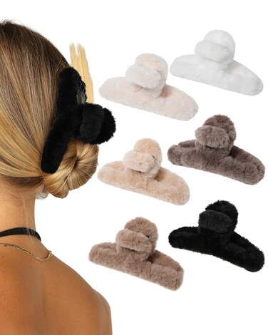 AWAYTR Plush Clip - Hair Clip, 6 Pcs Rectangular Cute Hair Clips for Women, Large Hair Barrettes for Thick Hair, Non Slip Hair Jaw Clips for Girls, Camel/Coffee/Beige/Khaki/White/Black