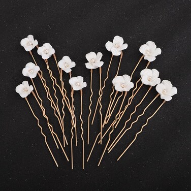 Teyglen Bride Wedding Hair Pins Flower Bridal Hair Clips Decorative Hair Jewelry Accessories Handmade Gold Silver White Flower Hair Pieces for Women Flower Girls (Pack of 12) (Gold)