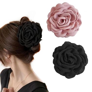 2pcs Rose Flower Hair Claw Clips Large Blooming Rose Hair Clips Floral Hair Clips Hair Claws for Women Girls (Black+Pink)