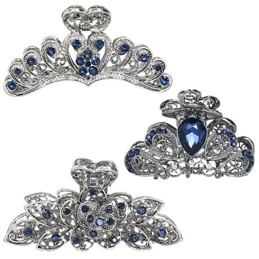 kilofly 3pc Women's Rhinestone Crystal Large Clip Claw Thick Hair Metal Barrettes