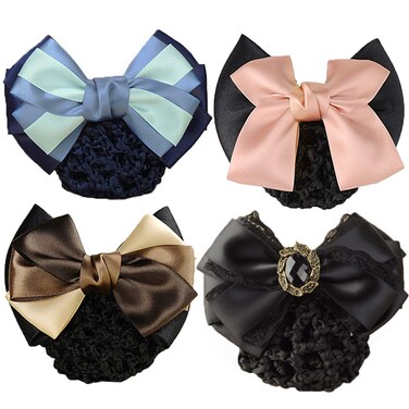 kilofly 4pc Women's Two-Way Snood Net Bow Barrette Hair Clip Bun Cover Set