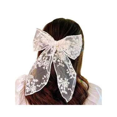 Lace Hair Bows and Clips for Women - Large Tulle Bow Barrettes and Coquette Hair Accessories (White)