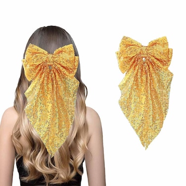 Glitter Hair Bows for Women Large French Sequin Hair Bows Clips Sparkly Hair Accessories Gifts for Women and Girls (Gold)