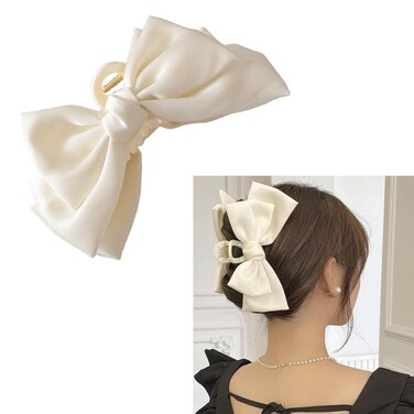 White Bowknot Hair Claw Clips with Bows - Large Hair Barrettes and Hair Clamps for Women and Girls