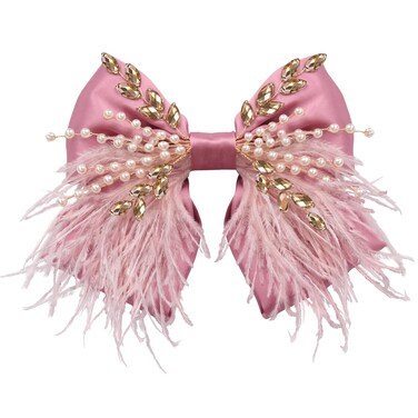 CROWN GUIDE Large Hair Bows Clips for Women Girls Silk Satin Hair Barrettes, Feather Coquette Bows Hair Ties Ribbon Bow Claw Clip Hair Accessories with Pearl Crystal Pink