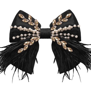 CROWN GUIDE Large Hair Bows Clips for Women Girls Silk Satin Hair Barrettes, Feather Coquette Bows Hair Ties Ribbon Bow Claw Clip Hair Accessories with Pearl Crystal Black