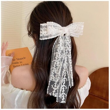 Large Lace Hair Bow Clips for Women Girls   Cute Beige Lace Bows for Hair Weighs Only 0.6 Oz   Off White Lace Hair Decor for Wedding Pageant Prom Party Birthday Party Communion Bridal Shower (1 Pack)