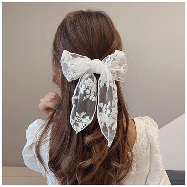 Large White Lace Hair Bow Clips for Women Girls   Cute Lace Bow for Hair Weighs Only 0.3 Oz   White Lace Hair Decor for Wedding Pageant Prom Party Birthday Party Communion Bridal Shower (1 Pack)