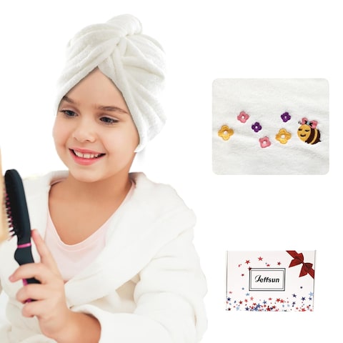 JEFFSUN Microfiber Hair Drying Towel for Teen Girls, Womens Stocking Stuffers, Super Absorbent Quick Dry Towel Wrap for Curly Long Thick Frizzy Wet Hair, Easy to Use Dry Hair Wrap Turban (White-Bees)