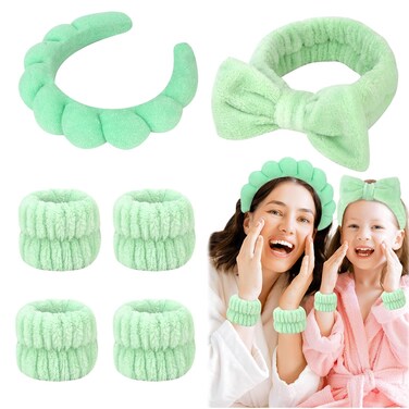 6 Pcs Puffy Spa Terry Cloth Headbands and Wristbands for Skincare, Shower, Makeup Removal