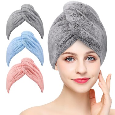BEoffer Microfiber Hair Towel, 3 Packs Hair Turbans for Women, Men,Kids, Quick Dry Hair Wrap Towels for Curly,Long, Curly Hair Anti Frizz (Gray+Pink+Blue)