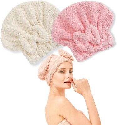 Microfiber Hair Towel Cap, Super Soft &amp; Absorbent Quick Drying Towel for All Hair Types, Set of 2 (Pink &amp; White)