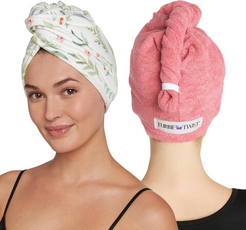 Turbie Twist Microfiber Hair Towel Wrap - for Women, Men &amp; Kids - Travel &amp; Bathroom Essential - Quick Dry Hair Turban for Curly, Long &amp; Thick Hair - 2 Pack (Botanical, Coral)