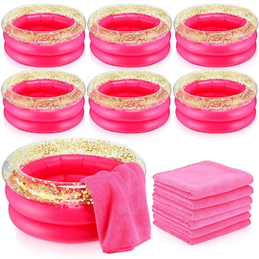 12 Pcs Foot Spa Kit for Girls 13.8 x 13.8 x 6.7 Inch Foot Care Bath and 12 x 28 Inch Hand Towels Washbasin Salon Towels for Spa Party Sleepover Party Supplies, Rose Red