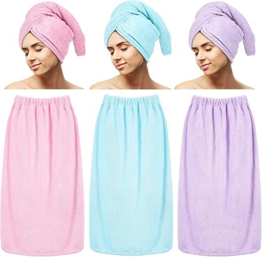 Cuffbow 6 Pcs Women Towel Wrap Set Microfiber Hair Towel and Shower Wrap for Women After Shower Robe Hair Drying Towel Quick Dry Hair Wrap with Adjustable Closure Elastic Top(Green, Pink, Purple)