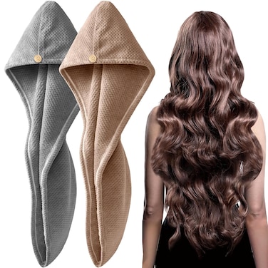 YFONG 2 Pack Large Microfiber Hair Towel Wrap for Women, Thicken Super Absorbent Quick Dry Hair Turban for Drying Curly Long Thick Hair Anti Frizz, Hair Drying Towel with Button for Wet Hair