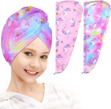 FIOBEE Microfiber Hair Towel Wrap for Kids Rapid Drying Turbans for Wet Hair with Button Women &amp; Girls Long, Curly Hair Pack of 2, Pink