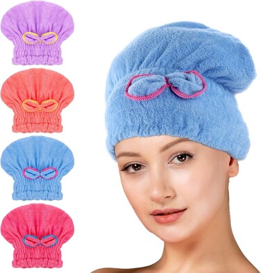 Giantree 4 Pcs Rapid Drying Hair Towel, Microfiber Hair Drying Towels, Ultra Absorbent Hair Dry Cap Bowknot Cute Hair Towel Children with Bow Hair Towel Wrap Soft Hair Turban for Women Girls Hair