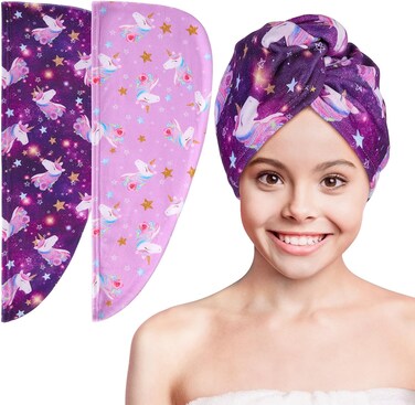 Basumee Microfiber Hair Towel Wrap for Kids 2 Pack Rapid Drying Hair Towel with Button Hair Turbans for Wet Hair Wraps Head Towel Wrap for Women and Girls, Purple