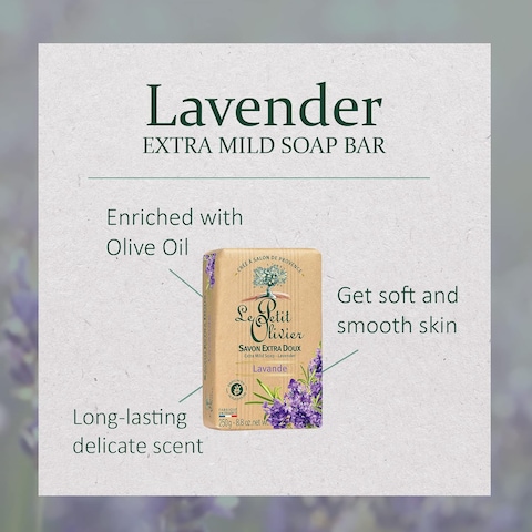 Le Petit Olivier Extra Mild Soap - Lavender - Gently Cleanses Skin - Delicately Perfumed - Vegetable Origin Based - 8.8 Oz