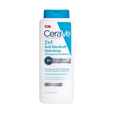 CeraVe 2 In 1 Hydrating Anti Dandruff Shampoo And Conditioner, 1% Pyrithione Zinc Dandruff Treatment, Color Safe &amp; Sulfate Free Shampoo And Conditioner, Helps Eliminate Dandruff &amp; Relieve Itchy Scalp