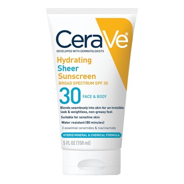 CeraVe Hydrating Sheer Sunscreen SPF 30 for Face and Body   Mineral &amp; Chemical Sunscreen with Zinc Oxide, Hyaluronic Acid, Niacinamides and Ceramides  Paraben Free Fragrance Free   5 Ounces