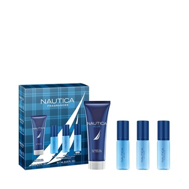 Nautica Blue, Voyage, and Pure Blue 4 Piece Gift Set, Notes of Basil, Jasmine, and Cedarwood, Men's Fragrance, Long Lasting, Everyday Fragrance