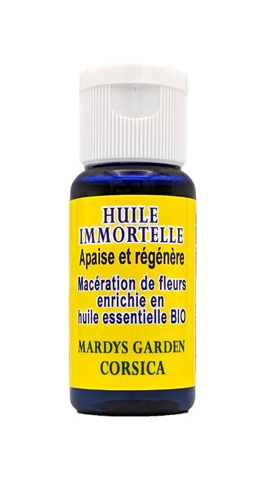 Helichrysum Italicum Oil 15ml. Made in Corsica. Ready to use organic flower macerate with organic Helichrysum Essential Oil.
