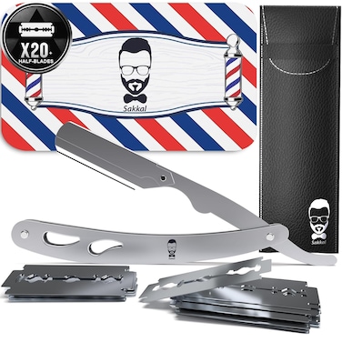 Barber Straight Razor Kit for Men   Premium   20 Half Blades Shaving Blade Set with Leather Case   Beard and Face Grooming Accessories (Metal Grey)