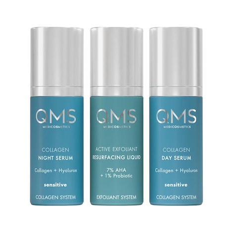 QMS Medicosmetics Day + Night 3-Step Core Routine for Sensitive Skin &ndash; Includes Collagen Day Serum, Collagen Night Serum + 7% AHA Exfoliant Resurfacing Liquid &ndash; Reduces Signs of Aging