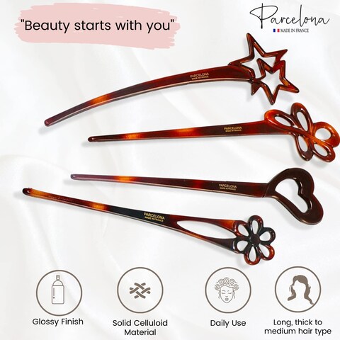 Parcelona French Lavish Tortoise Shell Set of 4 Celluloid Large Bun Hair Pin Sticks for Women