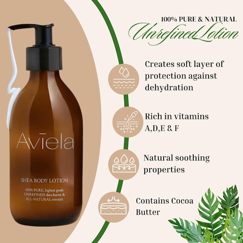 Aviela Shea Body Lotion, Contains Cocoa Butter, Extremely Hydrating &amp; Moisturising, Vegan &amp; Cruelty Free, 100% Natural, 250ml