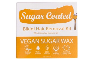 Sugar Coated Organic Bikini Sugar Wax Kit with Strips, Natural &amp; Gentle Hair Removal for Bikini Line, At Home Sugar Wax with Calendula Oil to Calm Sensitive Skin, Non-Damaging Bikini Wax, 0.44 lbs
