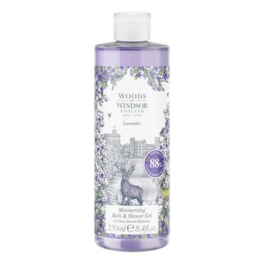 Woods of Windsor Lavender Bath and Shower Gel, Womens Shower Gel with Patchouli Musk and Chamomile, Gentle Cleansing and Moisturizing Body Wash with Vitamin E, Lavender 250ml