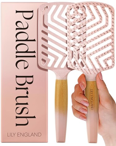 Lily England Paddle Hair Brush for Thick Hair Women - Professional Hairbrush with Vents - Lightweight Wooden Detangler for Smooth Styling - Pink