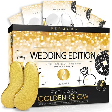 DERMORA Wedding-Themed Eye Mask (20 Pairs), Golden Under Eye Patches - Rejuvenating Treatment for Dark Circles, Puffy Eyes, Refreshing, Revitalizing, Travel, Wrinkles