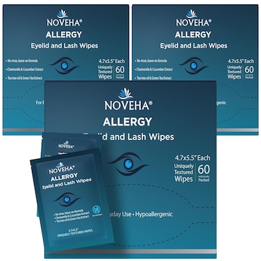 NOVEHA 180Pcs Allergy Relief Eyelid Wipes   Pre-moistened Hypoallergenic Eye Cleansing Pads, Reduce Itchiness, Redness &amp; Discomfort Caused By Allergy, Clean, Soothe &amp; Remove Debris (3 Pack)