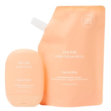 HAAN Carrot Kick Hand Cream Nourishing Moisturizer for Dry, Cracked Hands - 96% Natural Ingredients, 1 of Each 1.69 fl.oz. &amp; Refill Bag - 5.07 fl.oz.